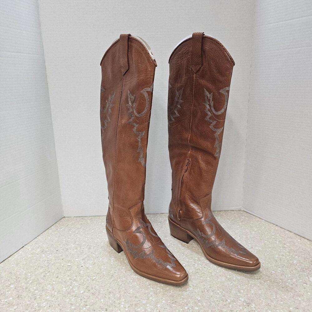 Donald Pliner Marina SP Leather Cowboy Western Boots Cognac Women's Size 7 NIB - Picture 1 of 13